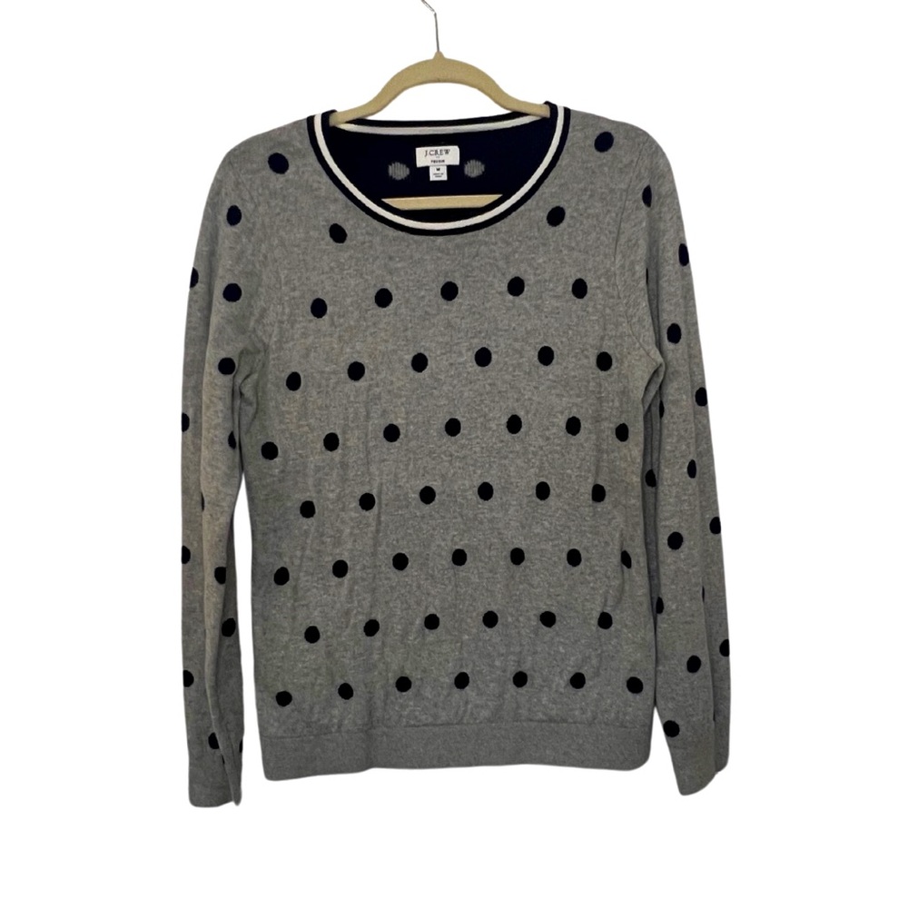 EUC Women’s Grey Navy Polka Dot J Crew Teddie Crewneck Sweater Size M
